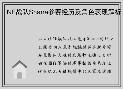 NE战队Shana参赛经历及角色表现解析